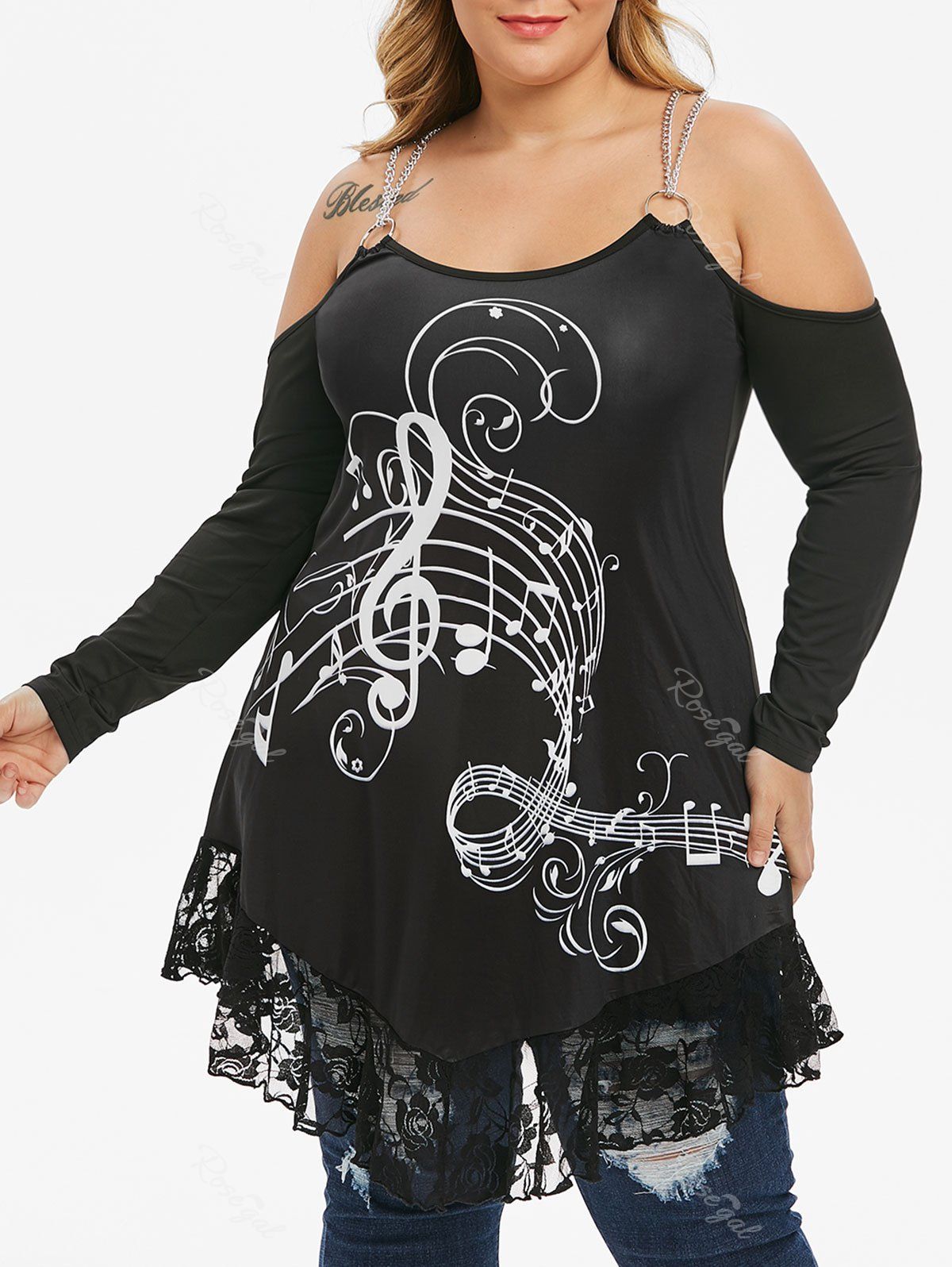 

Plus Size Musical Notes Chains Cold Shoulder Lace Flounce Tee, Black