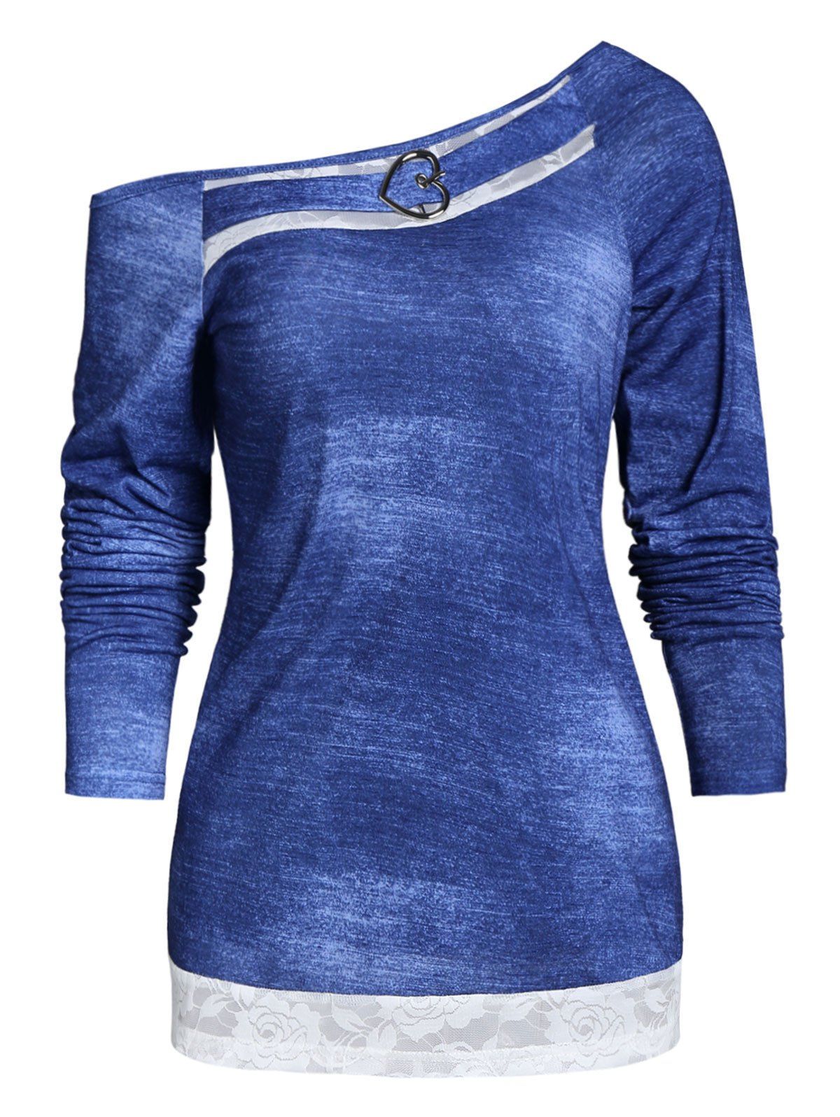 

Skew Neck Lace Insert Long Sleeve Sweatshirt, Denim blue