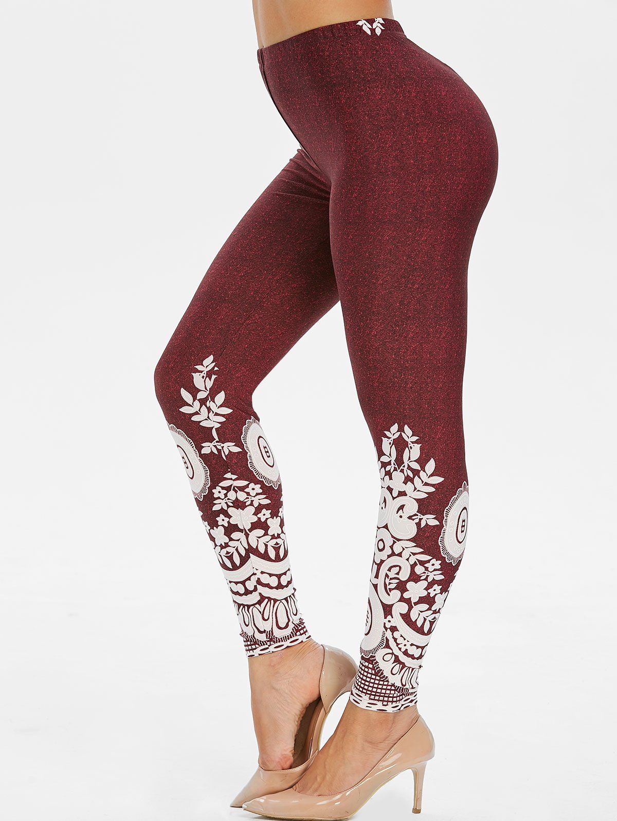 

High Rise Floral Print Leggings, Red wine