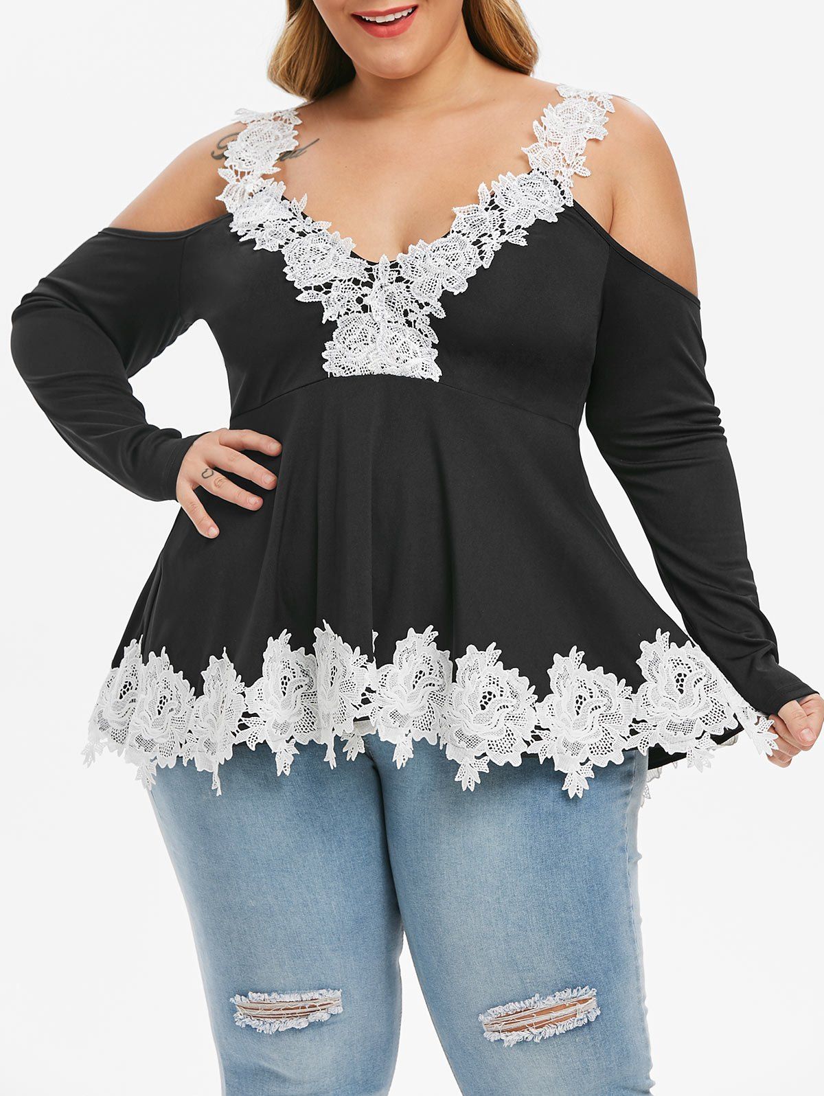 

Plus Size Contrast Open Shoulder Applique T Shirt, Black
