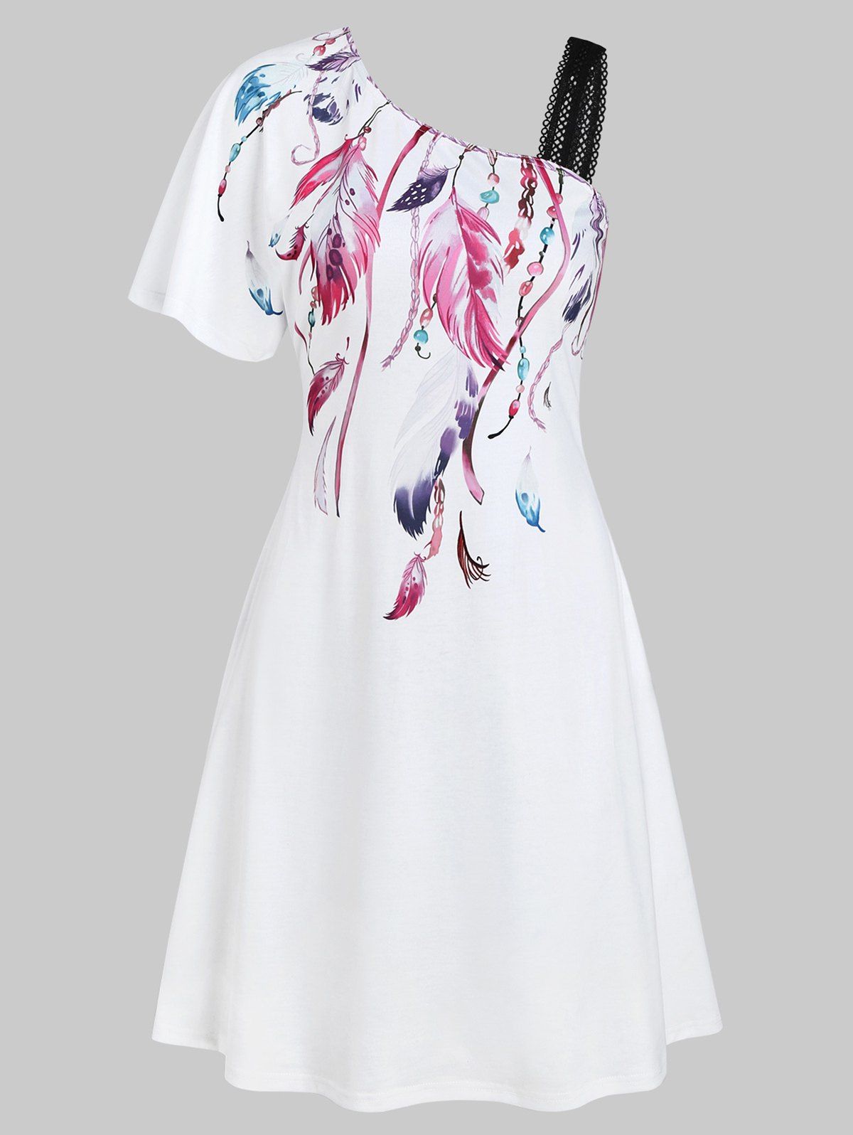 

Feather Print A Line One Shoulder Dress, White