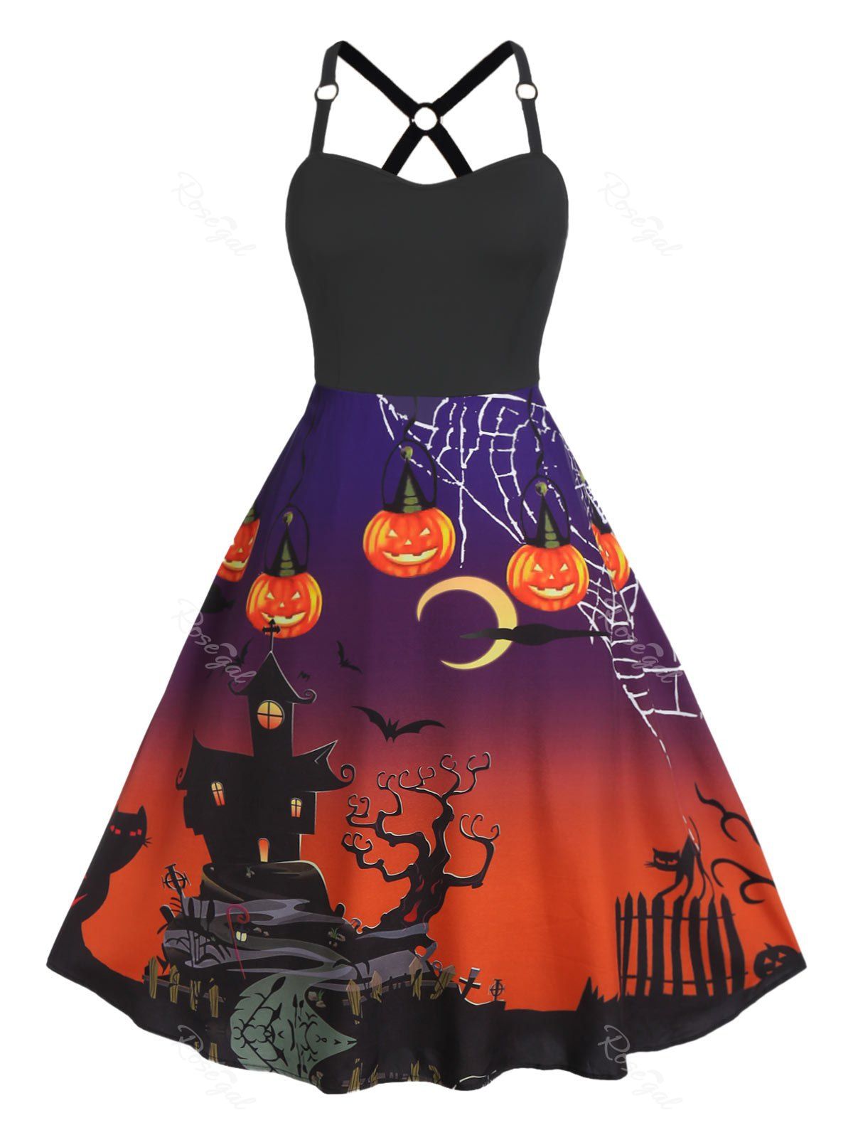 

Plus Size A Line Halloween Print High Waist Vintage Dress, Black