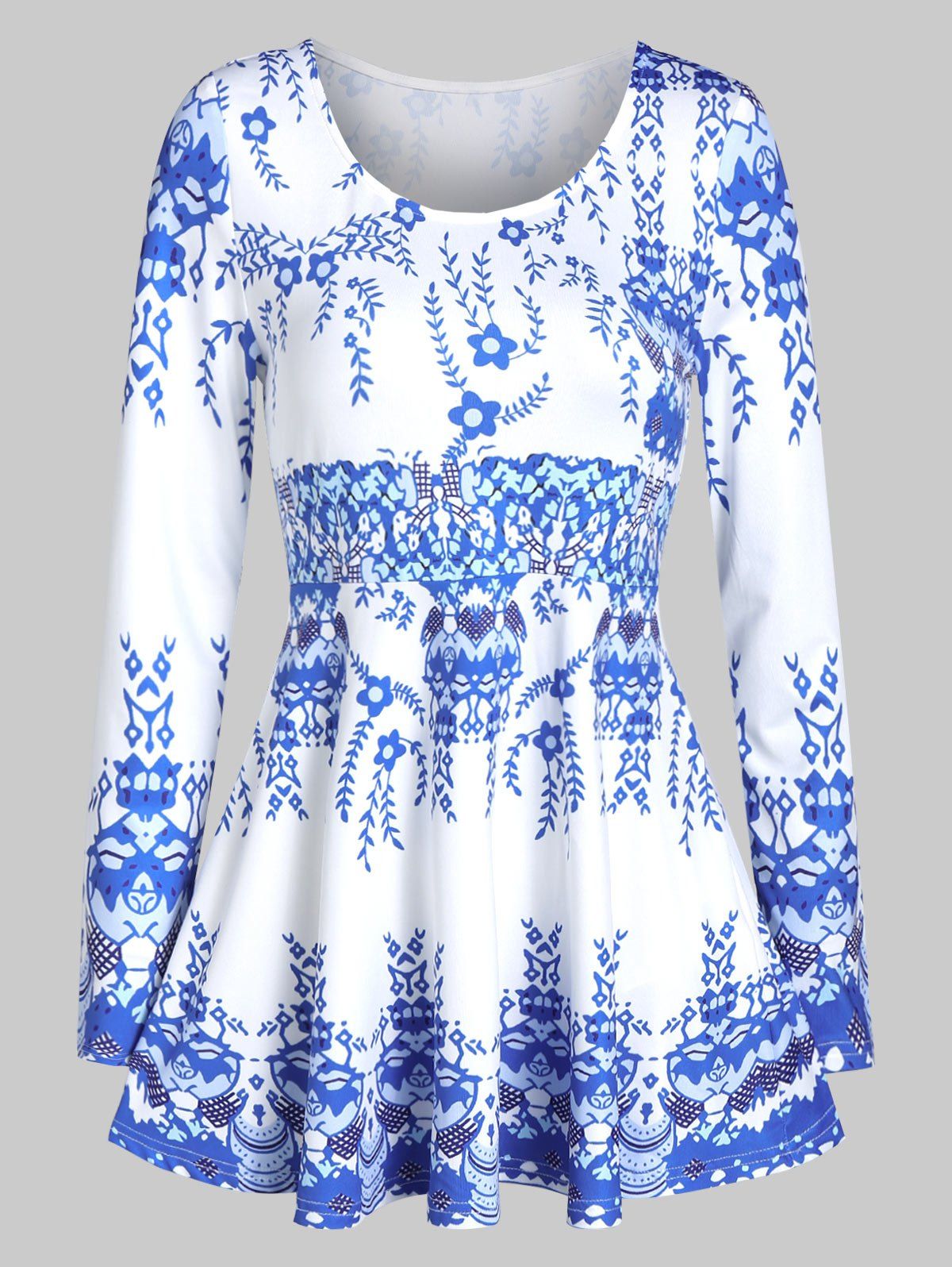 

Floral Leaf Print Long Sleeve Casual Tee, White