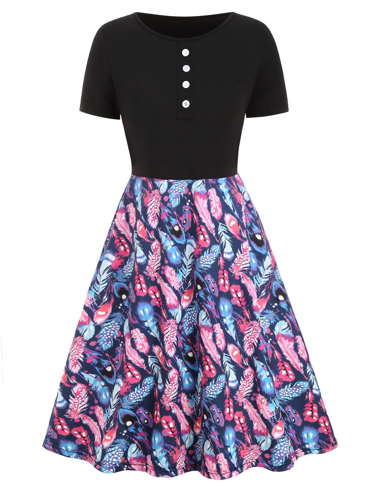 

Feather Print Buttons Round Neck Dress, Black
