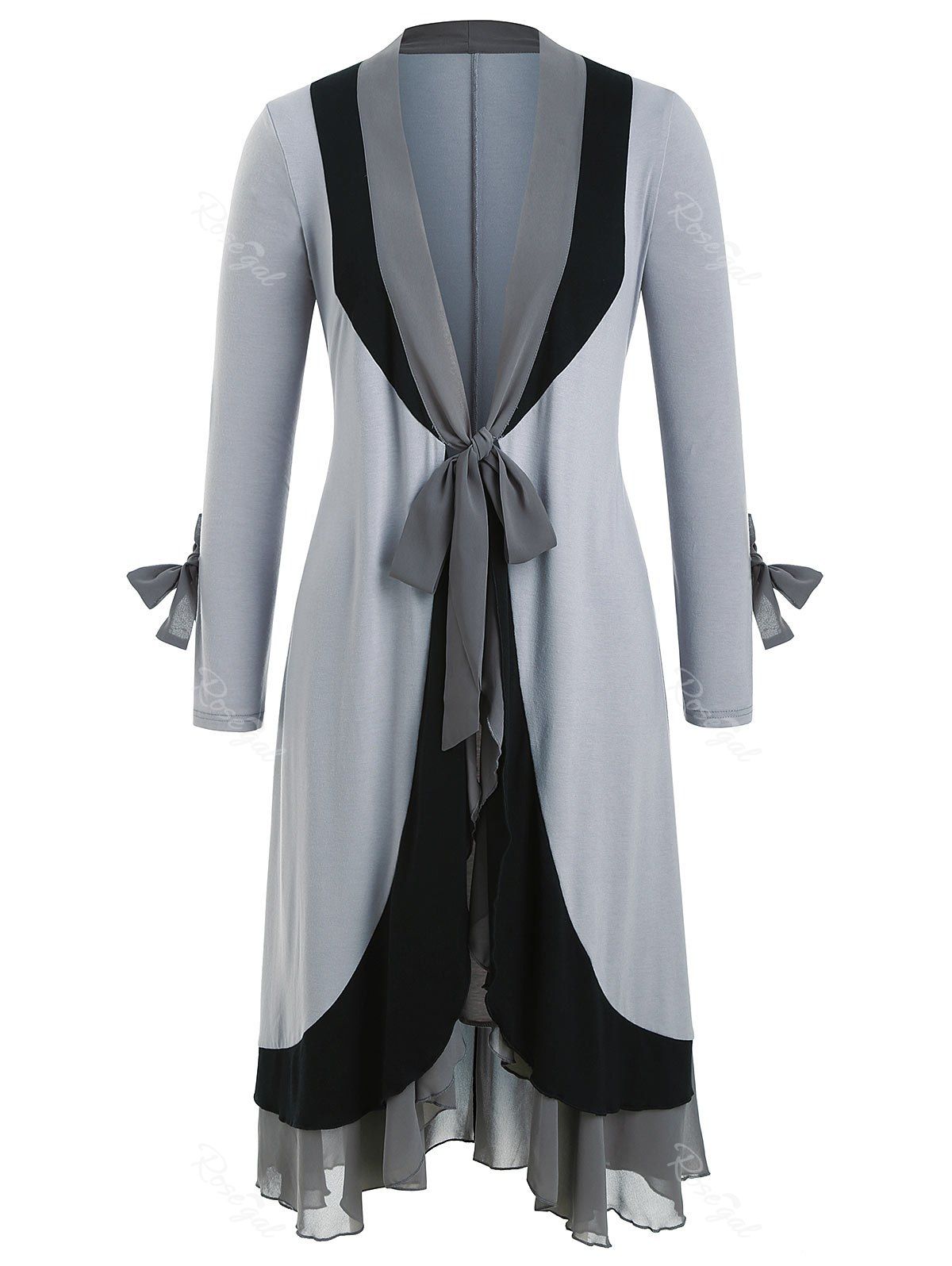 

Tie Front Chiffon Panel Ruffles Plus Size Duster Coat, Gray