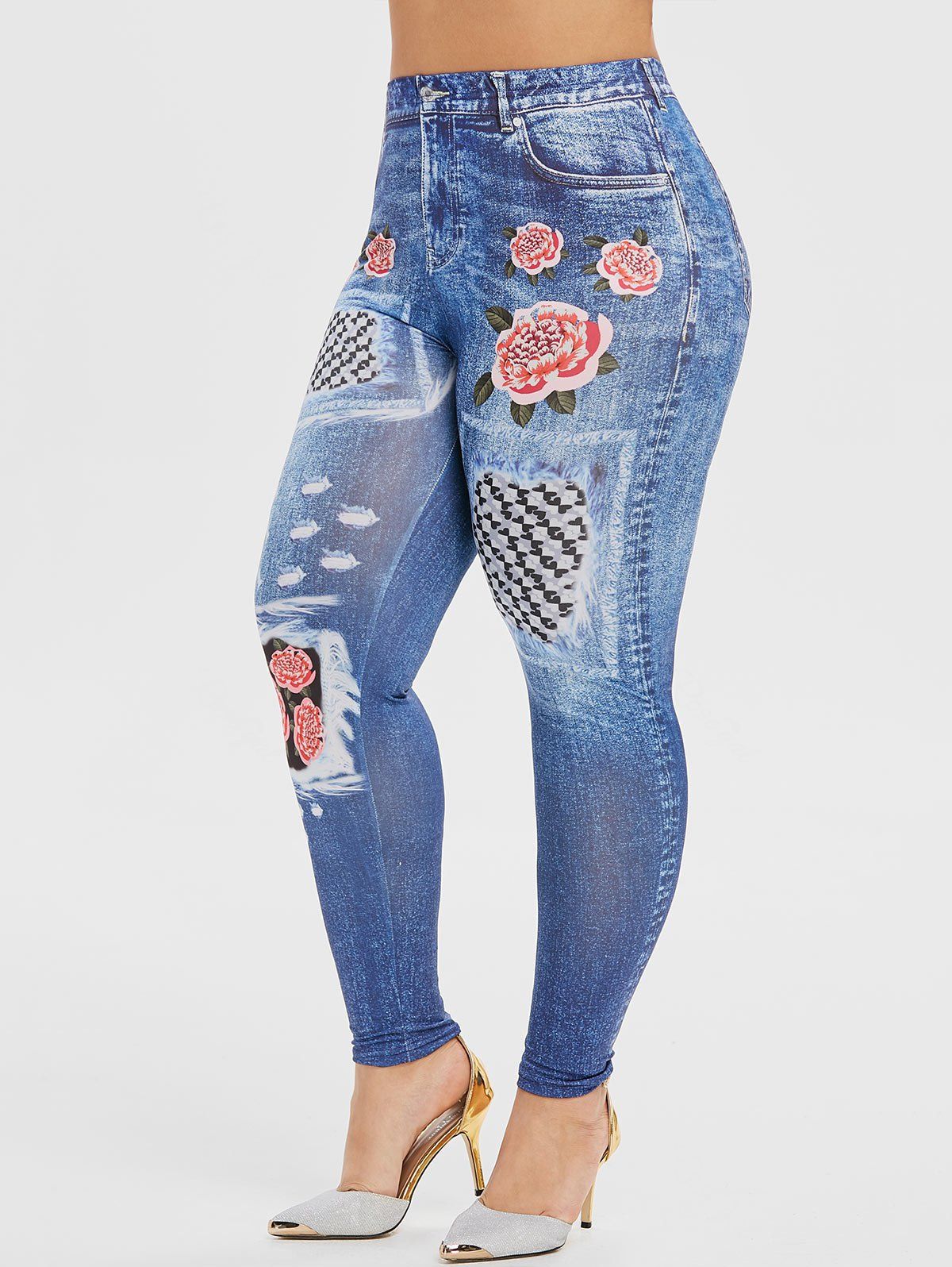 

Plus Size Floral Destroyed Jean 3D Print Skinny Jeggings, Denim dark blue