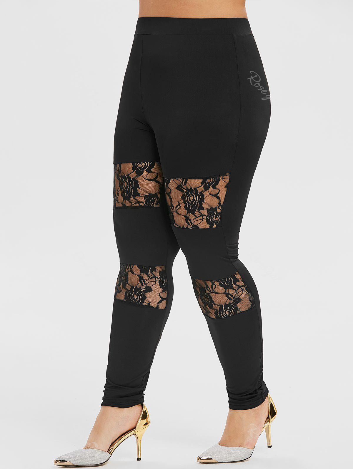 

Plus Size High Waisted Rose Lace Skinny Leggings, Black