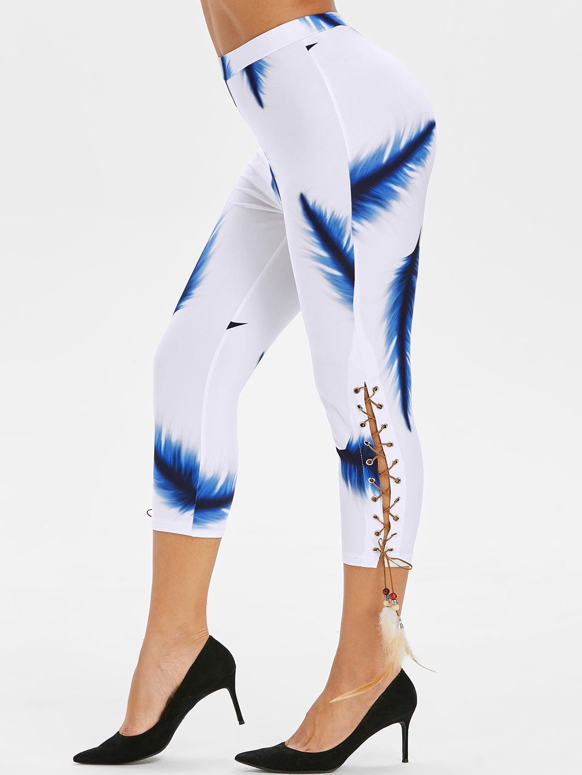 

Feather Print Lace Up Embellished Leggings, Blueberry blue