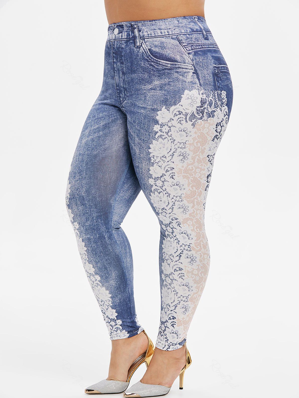 

Plus Size Flower 3D Print High Waisted Stretchy Jeggings, Light slate blue