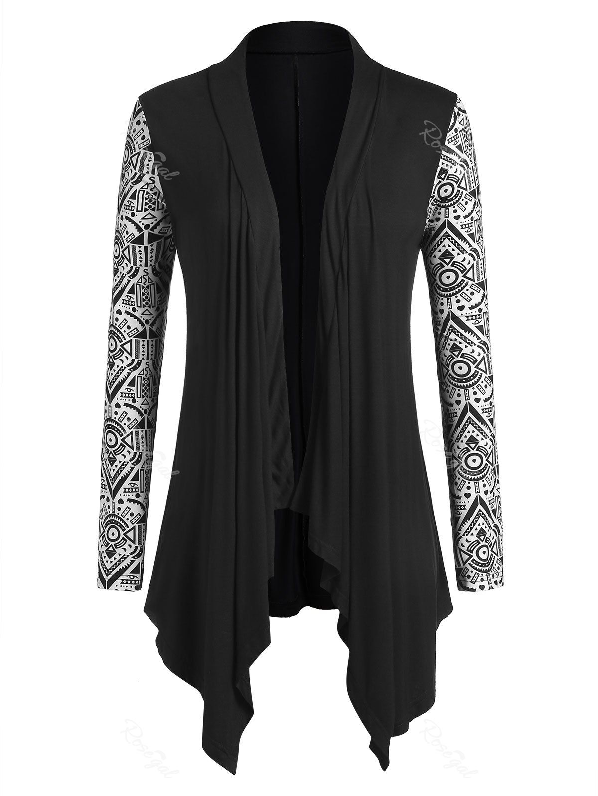 

Plus Size Handkerchief Tribal Print Open Front Cardigan, Black