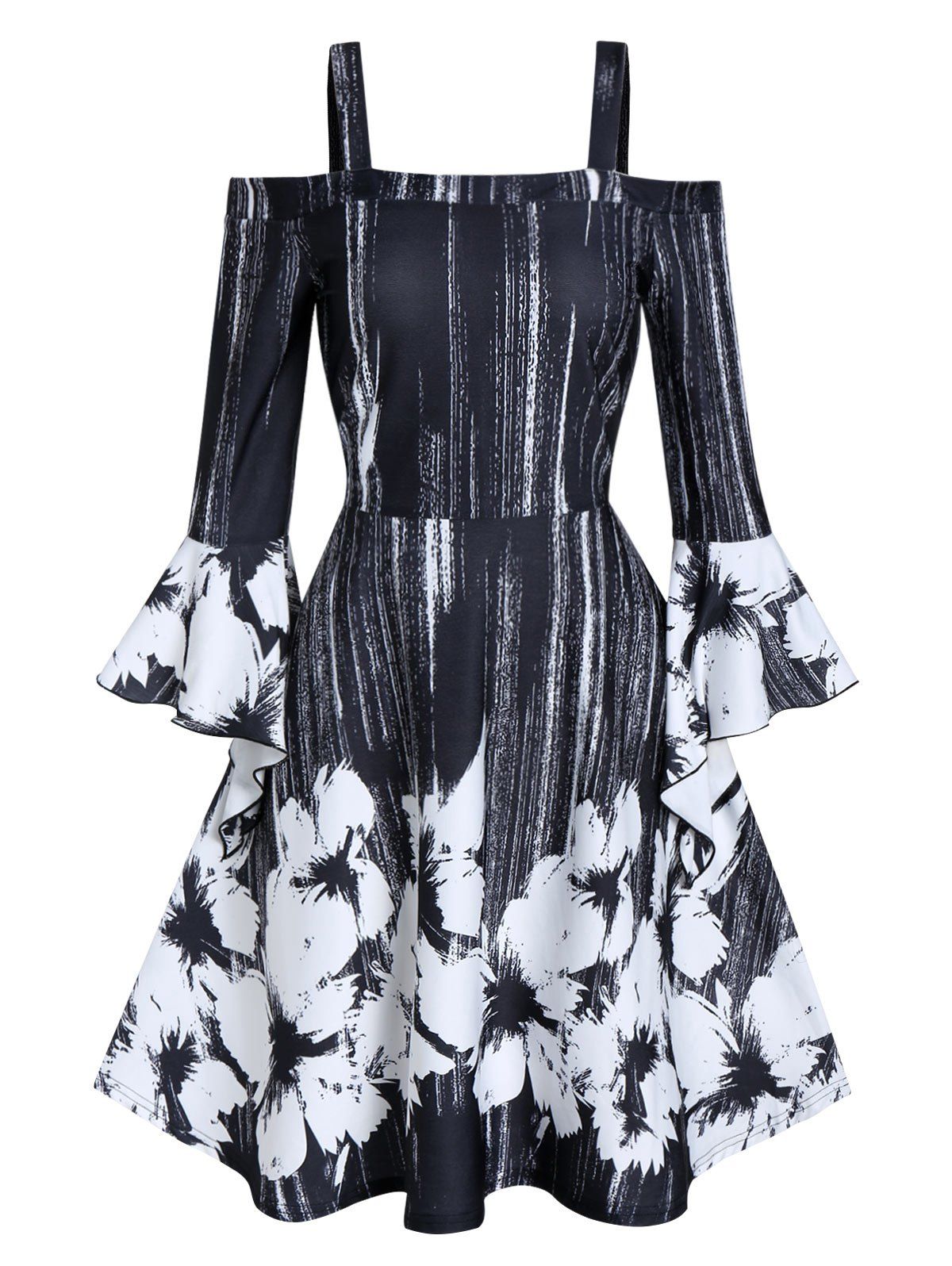 

Open Shoulder Ditsy Print Fit And Flare Dress, Black