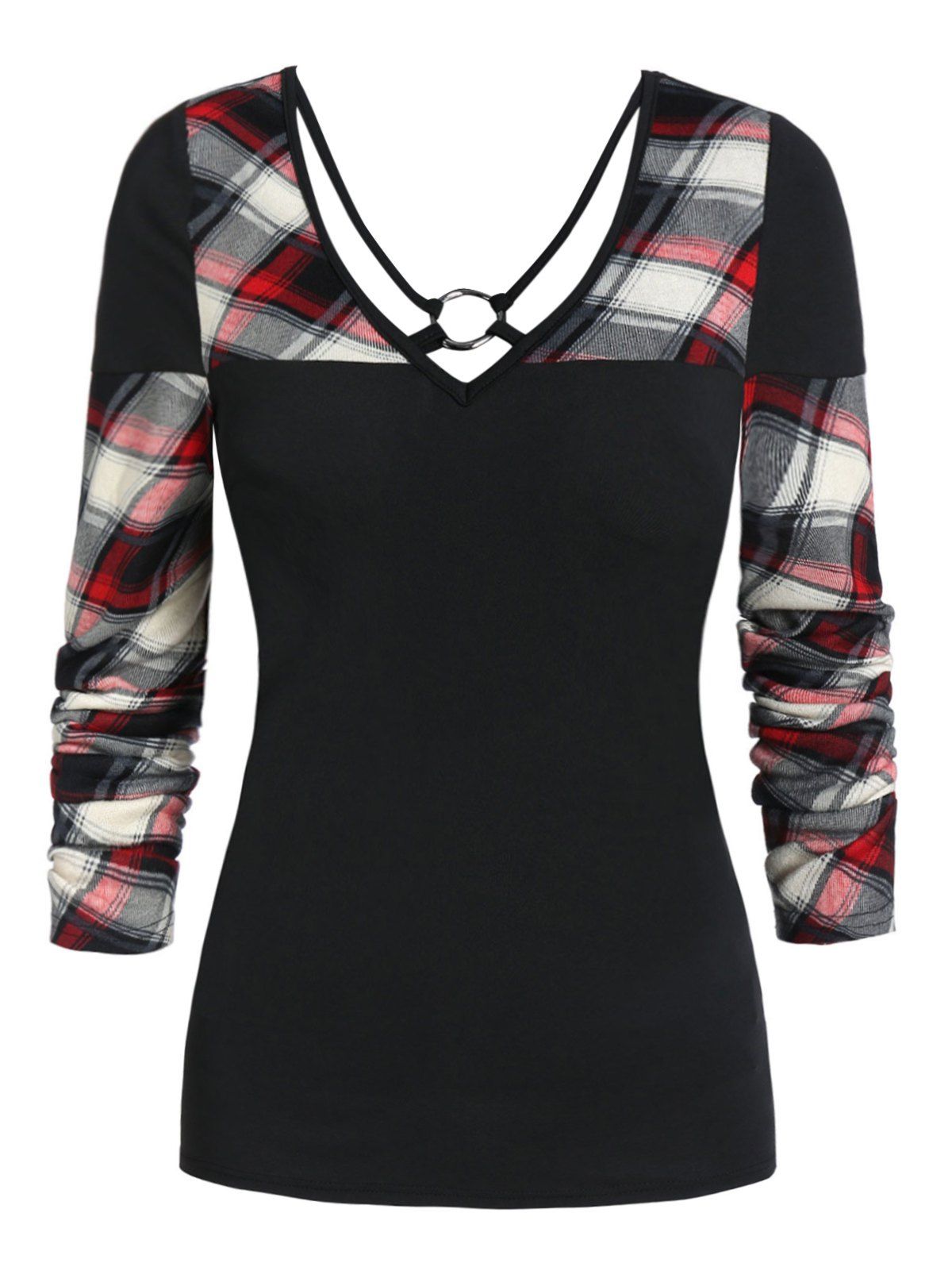 

V Neck Plaid Panel Long Sleeve T Shirt, Black