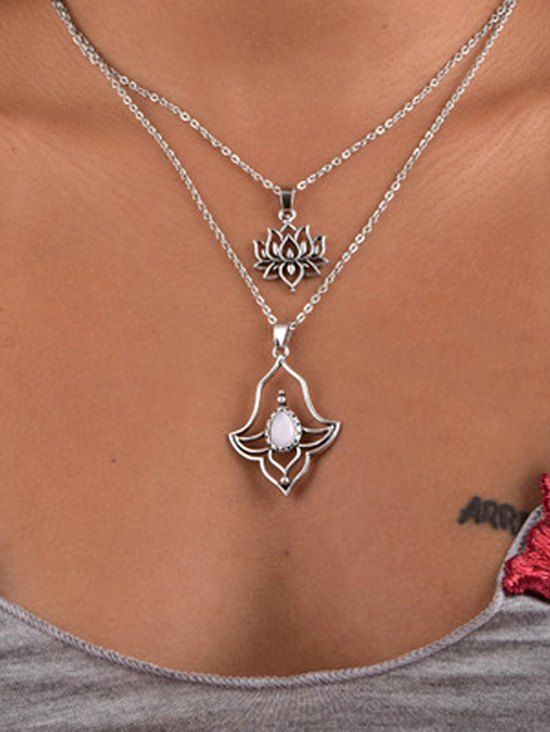 

Vintage Hollow Out Lotus Pendant Layered Necklace, Silver