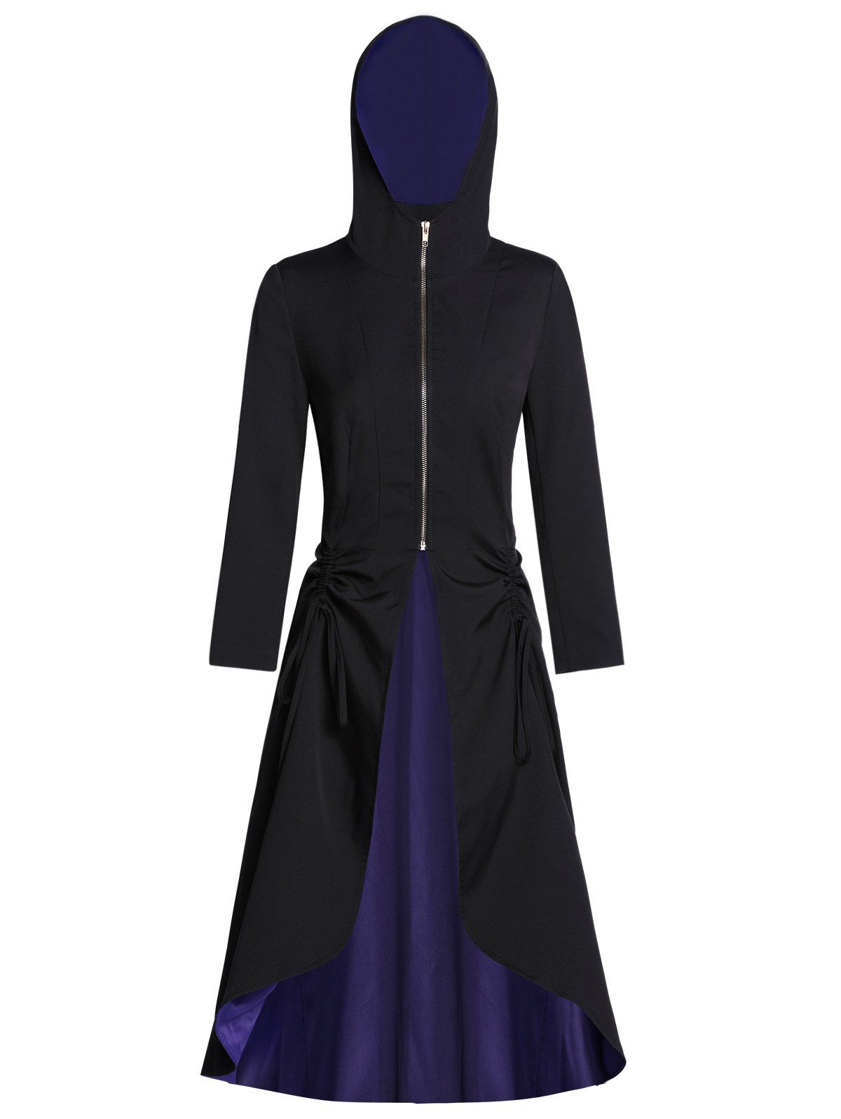 

Hooded Zip Front Color Block Ruched Halloween Coat, Black