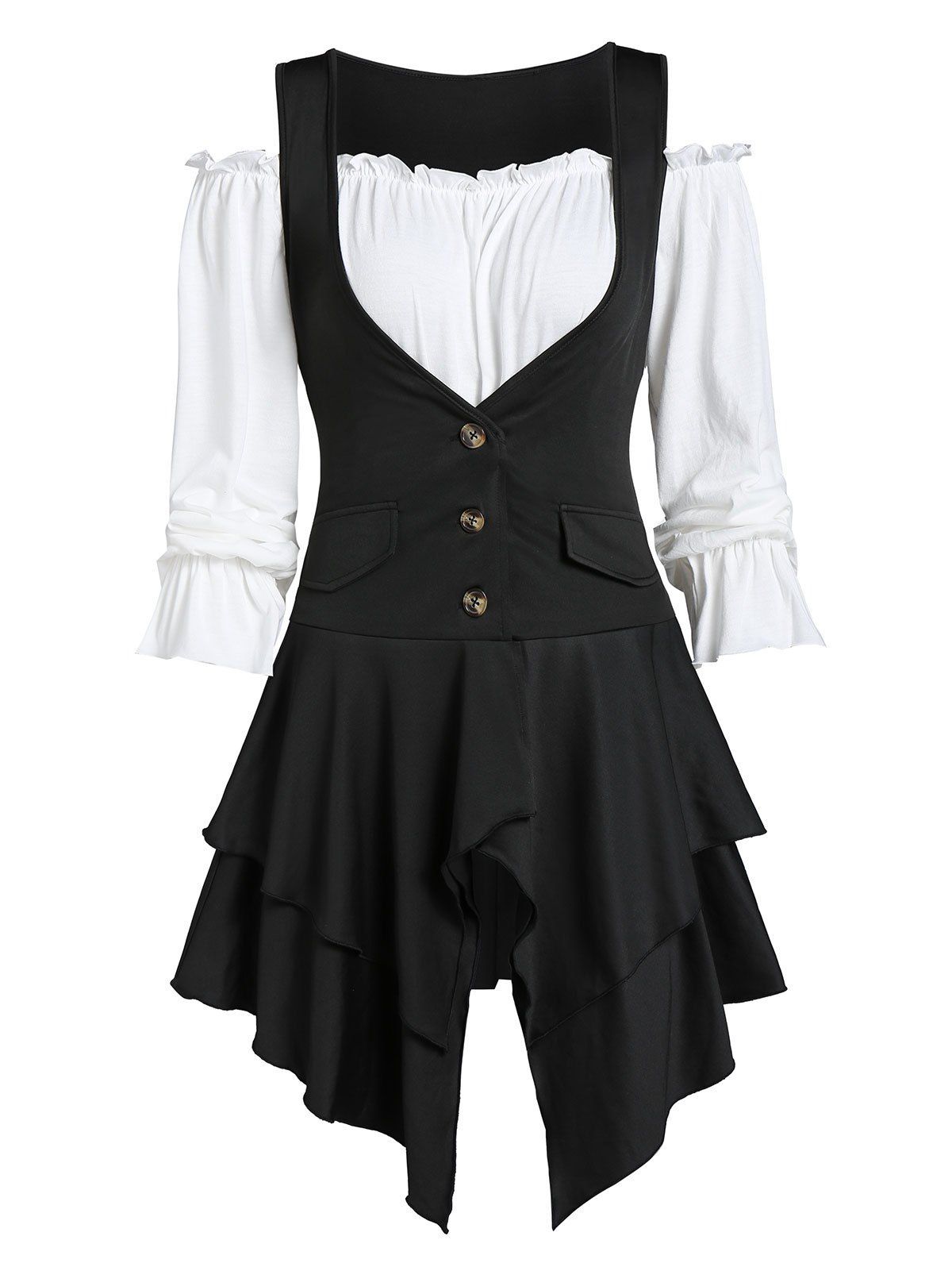 

Off The Shoulder Plain Top and Asymmetric Layered Lace-up Vest, Black