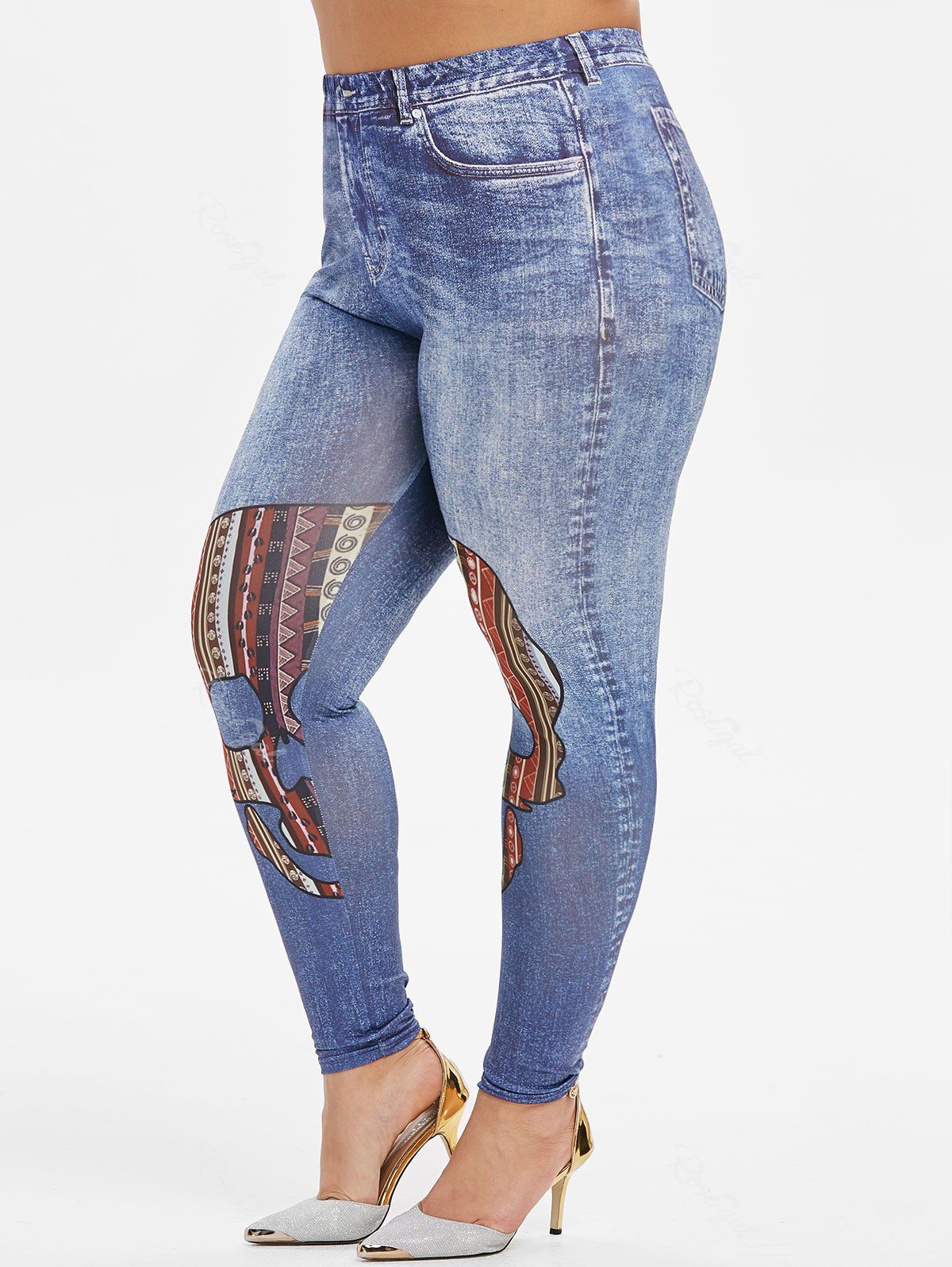 

Plus Size Tribal Skull Print Halloween 3D Jeggings, Blue