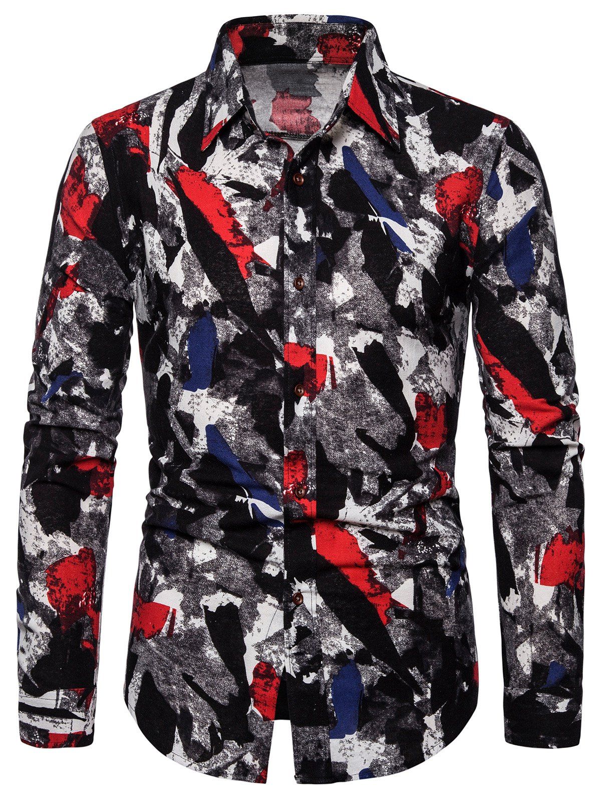 

Long Sleeve Curved Hem Abstract Print Casual Shirt, Multi