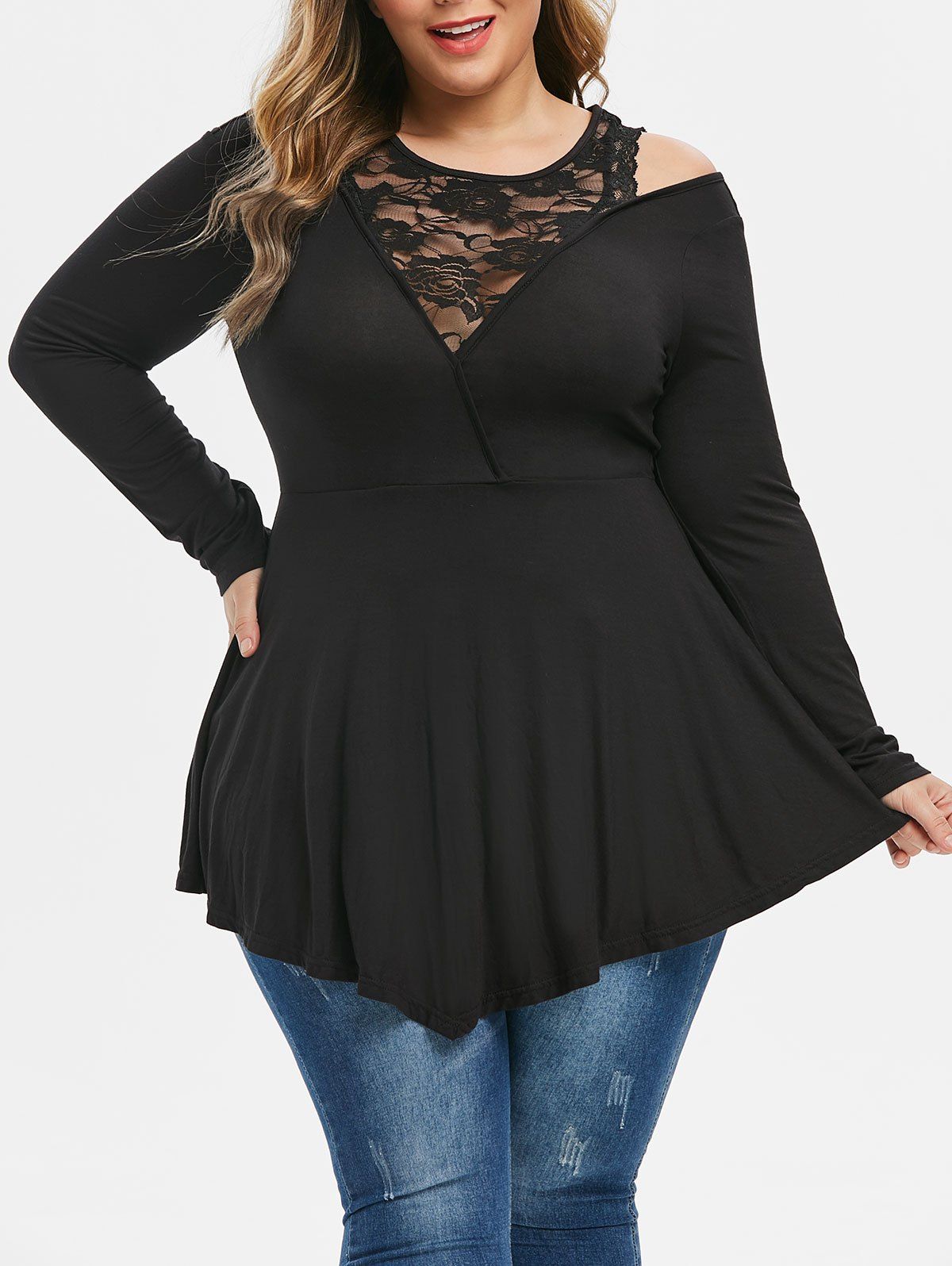 

Plus Size Lace Panel Sheer Tunic Solid T Shirt, Black