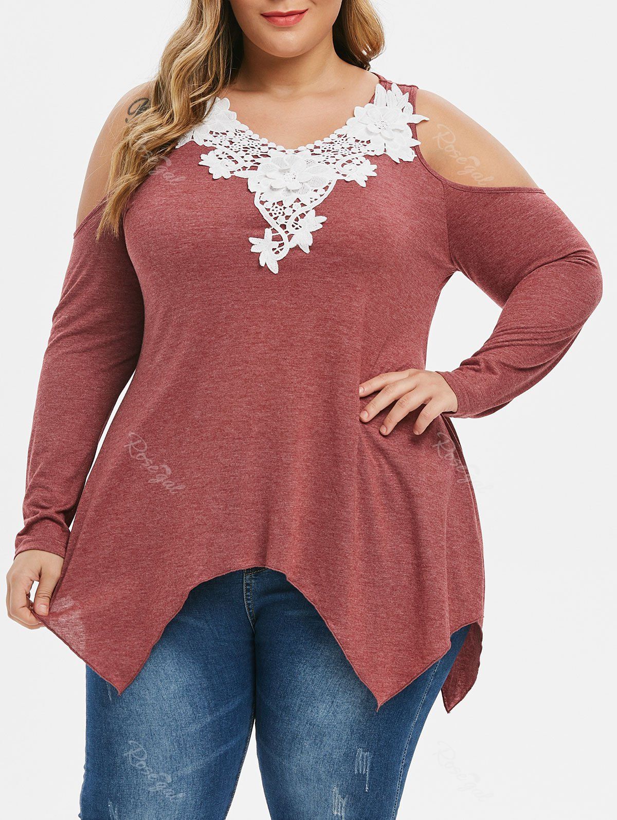 

Lace Patched Cold Shoulder Handkerchief Plus Size Top, Firebrick