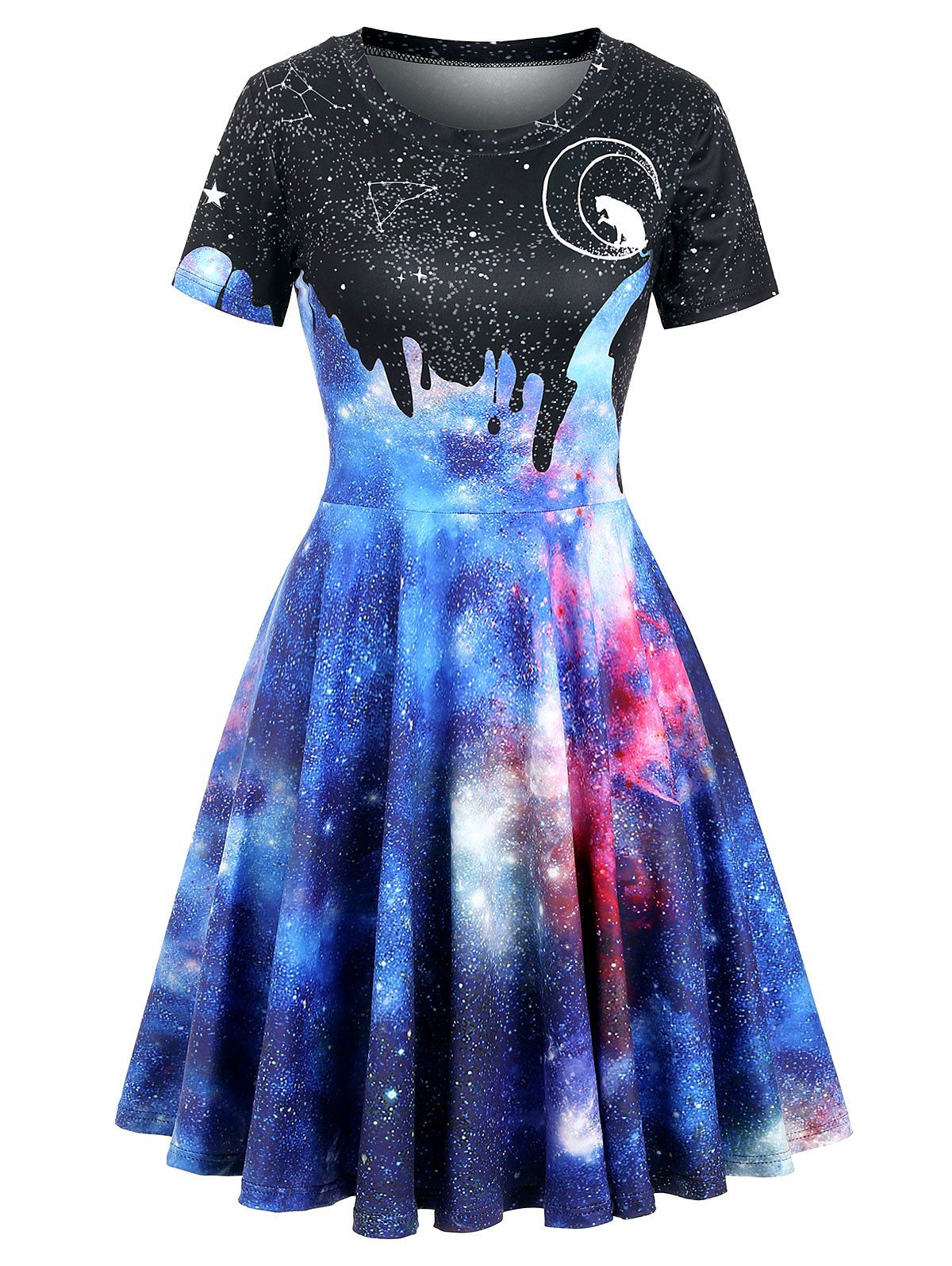 

Cat Moon Starry Sky Print Short Sleeve Dress, Multi-c