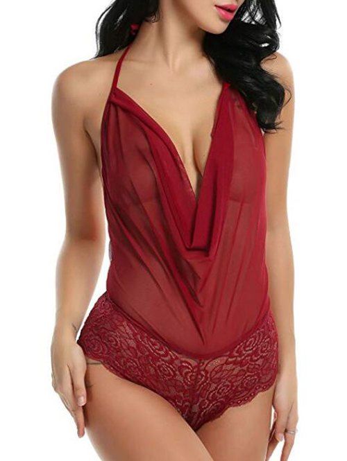 

Lace Panel Backless Halter Mesh Teddy, Red wine