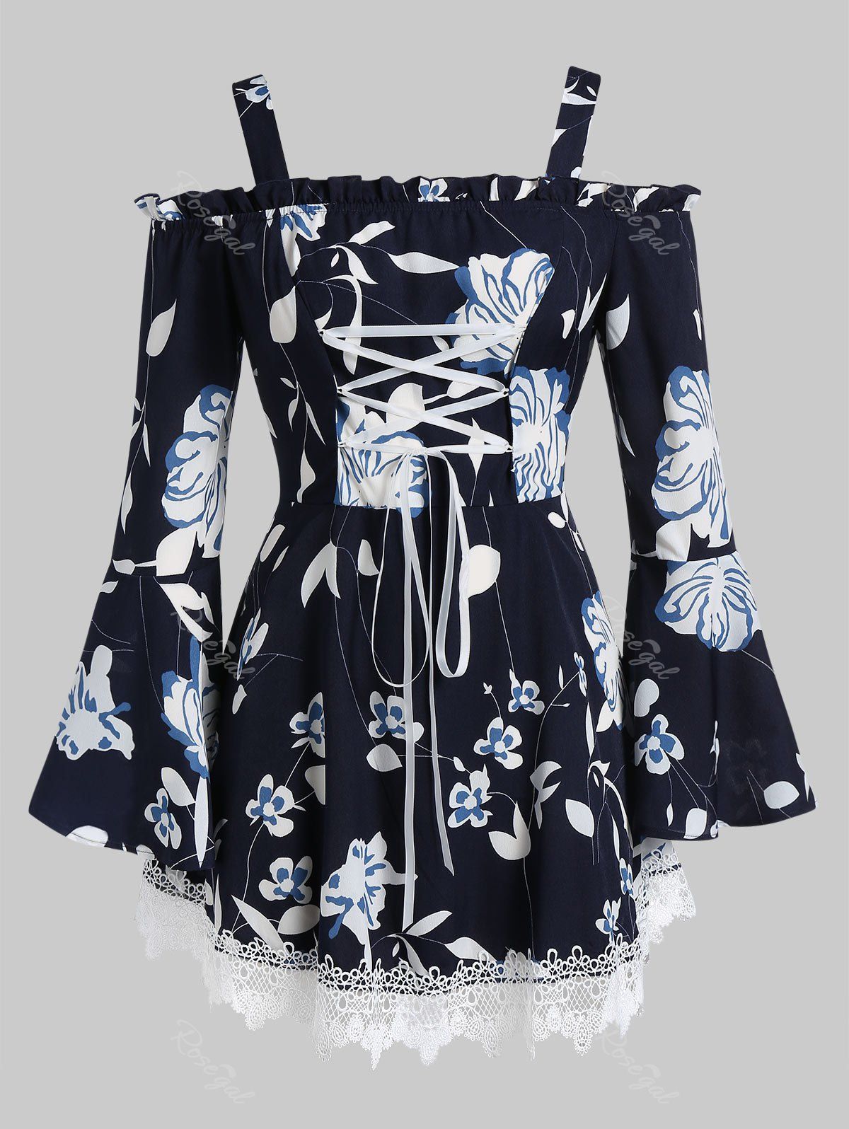 

Plus Size Flower Print Lace Up Flare Sleeve Frilled Blouse, Cadetblue