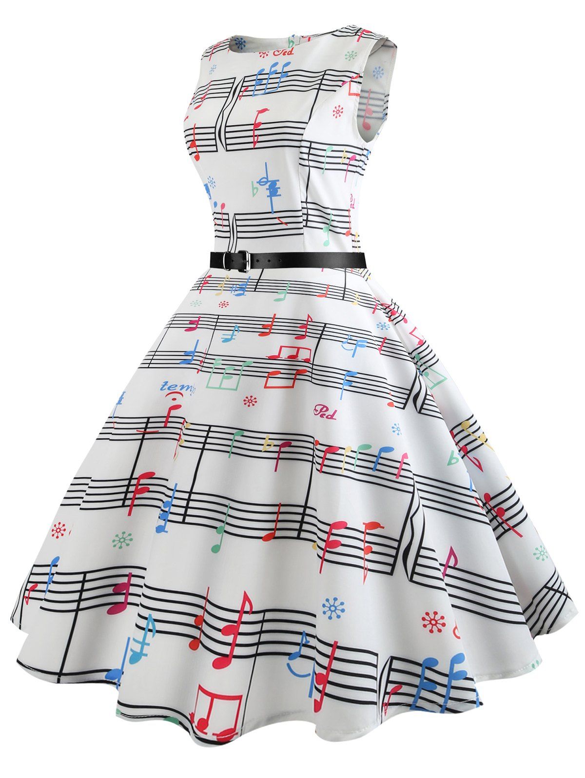 

Musical Notes Print Sleeveless A Line Dress, White