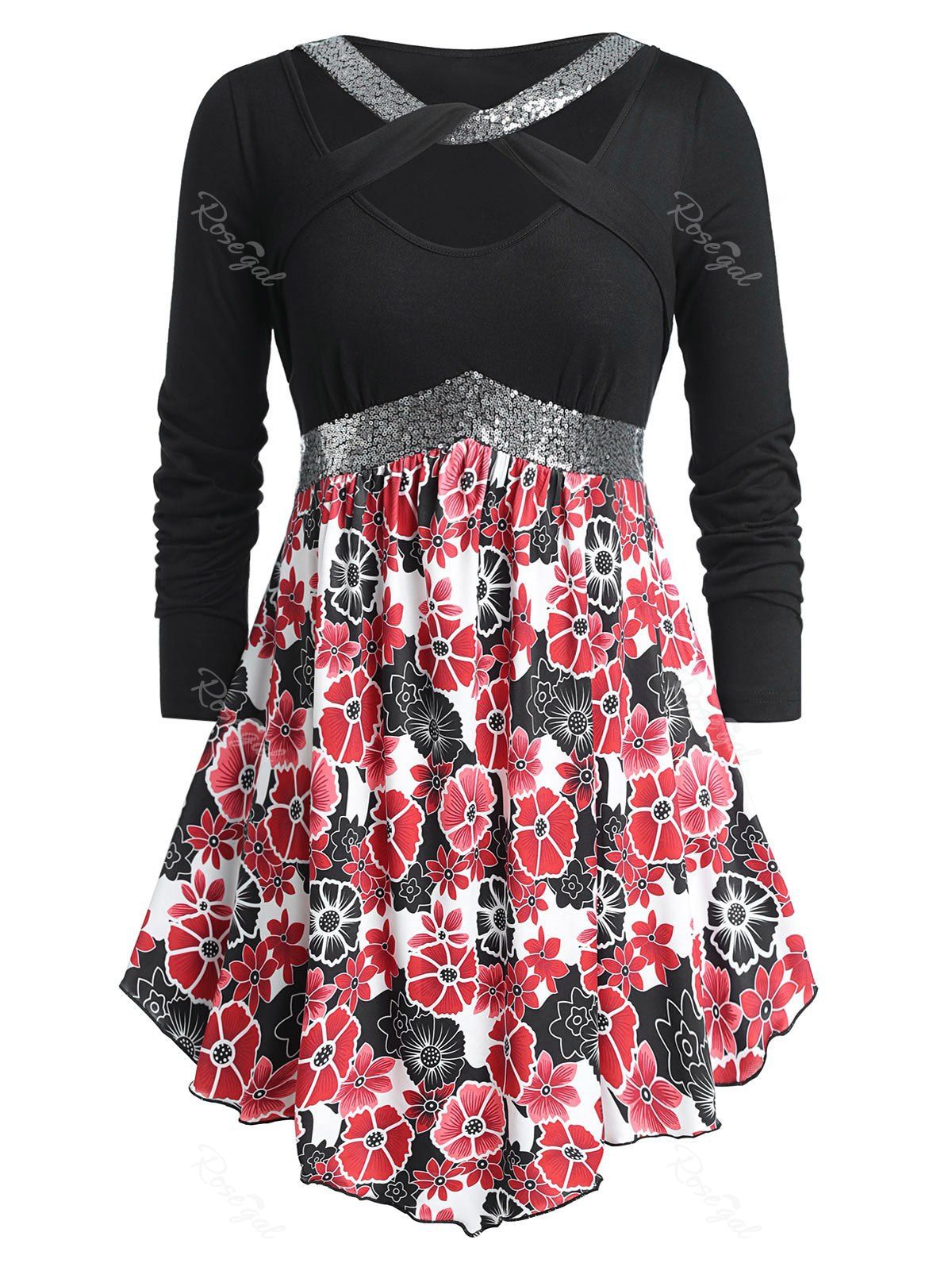 

Plus Size Floral Print Sequins Twist Peplum T Shirt, Black