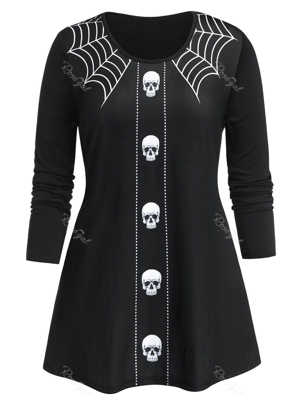 

Plus Size Halloween Skull Spider Web A Line Tunic Tee, Black