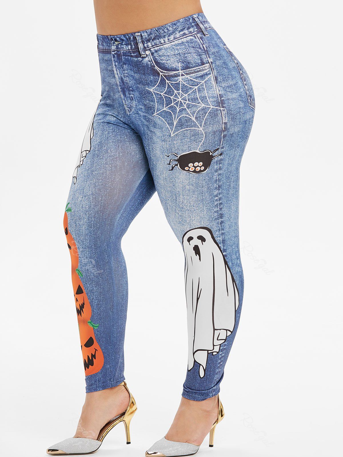 

Plus Size Halloween Ghost Pumpkin Print 3D Jeggings, Denim blue