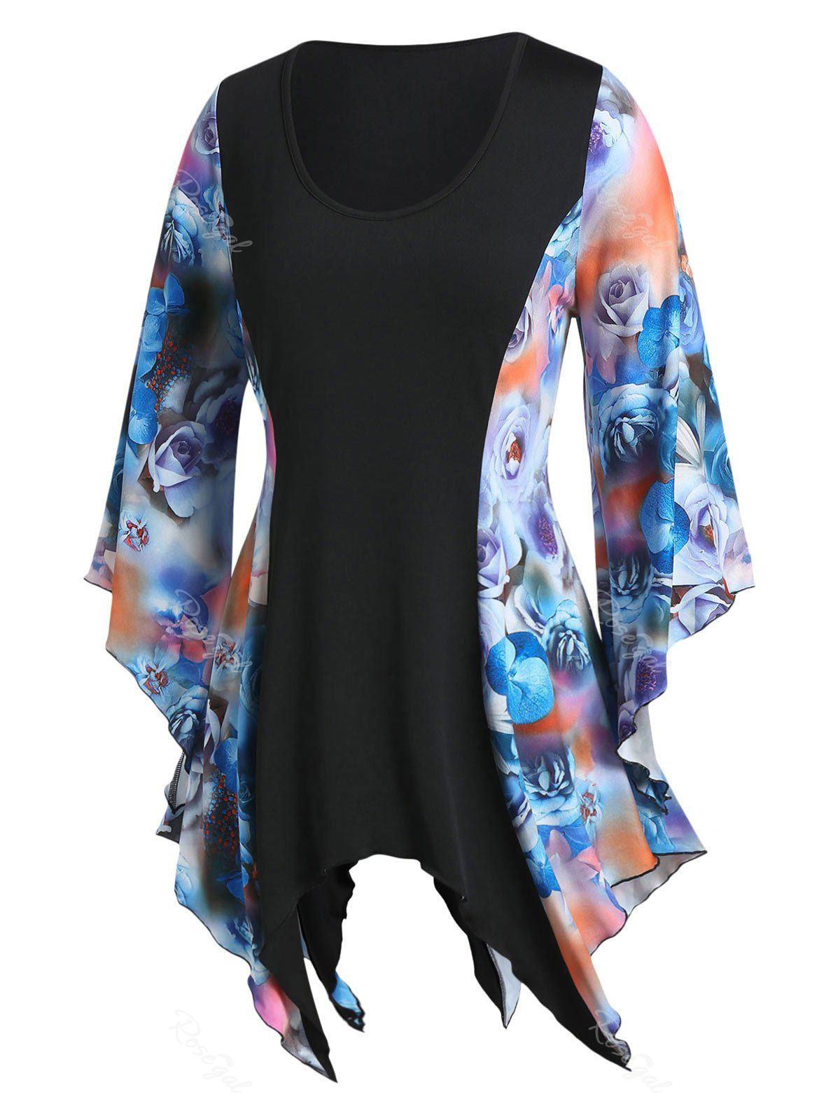 

Plus Size Tunic Floral Print Asymmetric T Shirt, Black