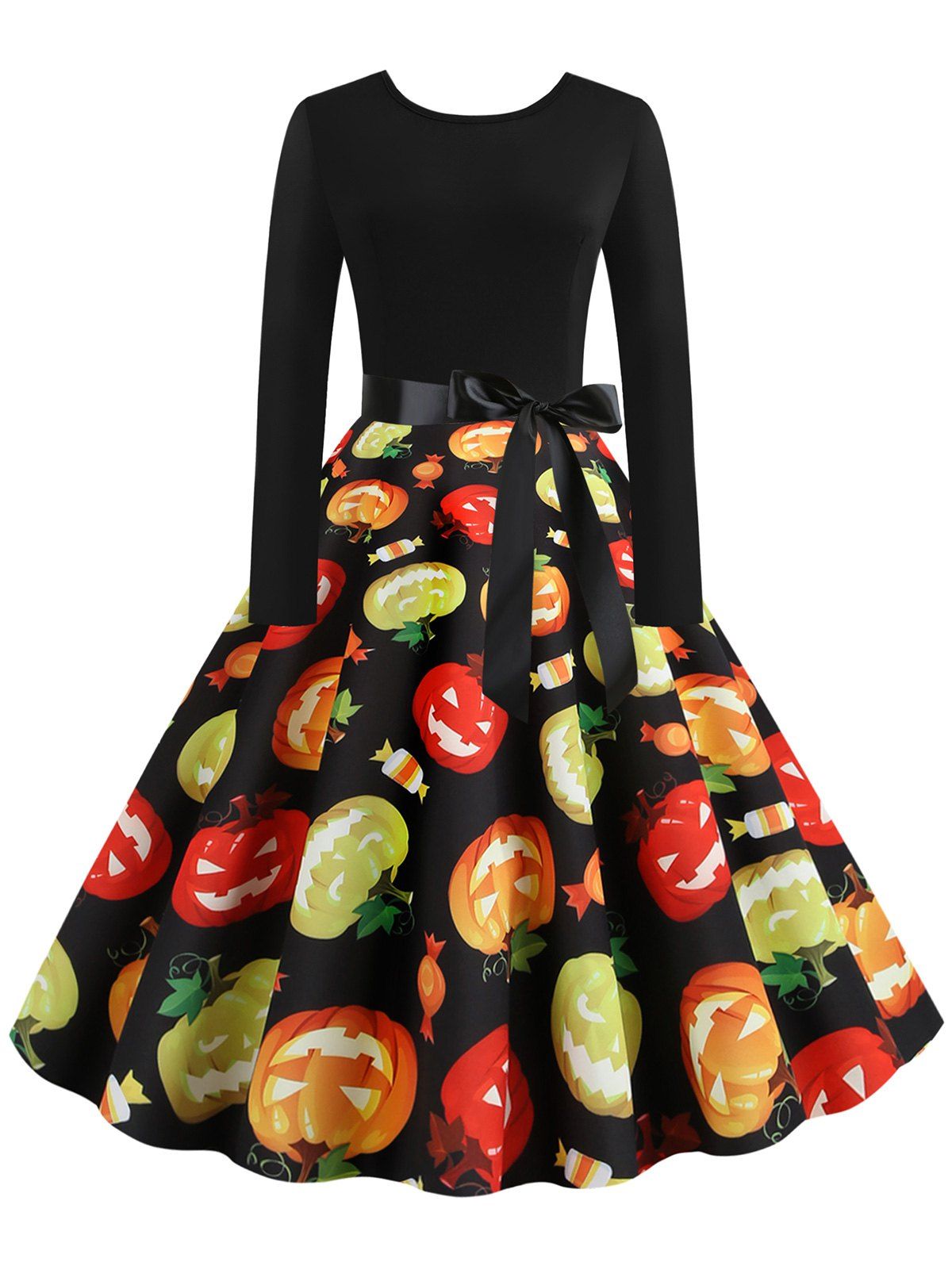 

Halloween Pumpkin Candy Print Long Sleeve Dress, Black