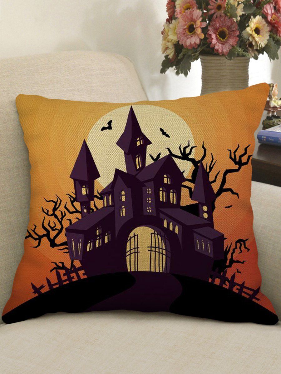 

Halloween Castle Moon Print Square Pillowcase, Saffron