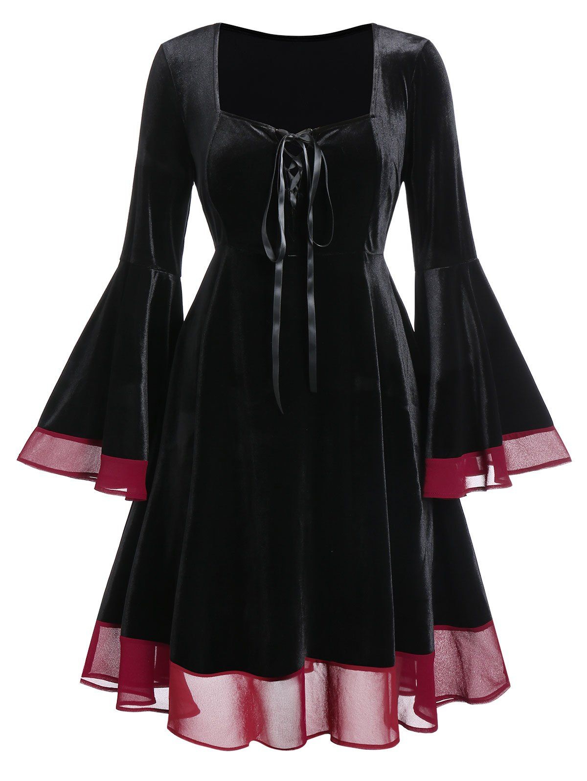 

Plus Size Flare Sleeve Lace Up Velvet Gothic Halloween Dress, Black