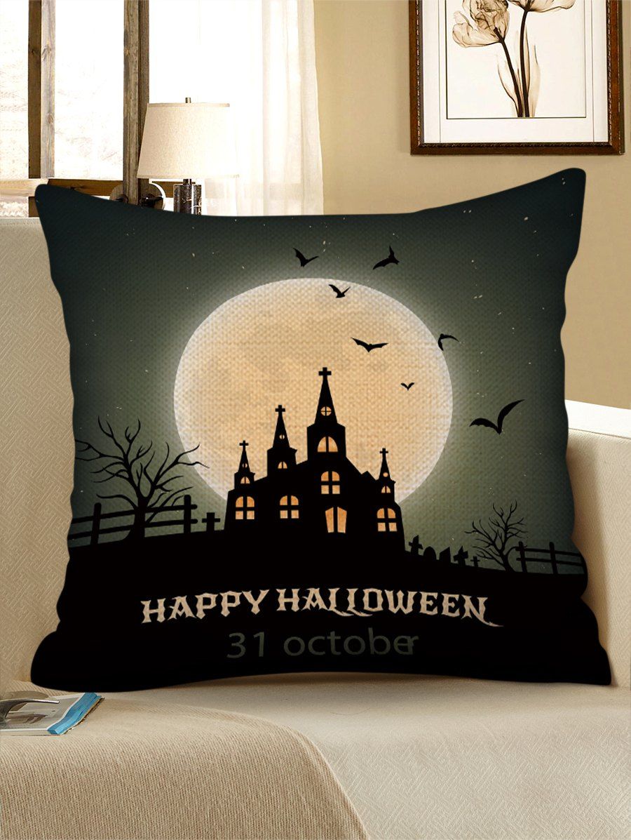 

Halloween Castle Moon Letter Printed Square Pillowcase, Army brown