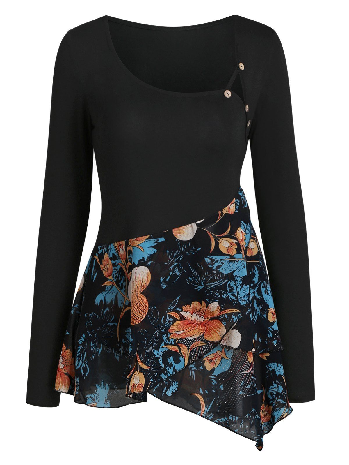 

Floral Print Chiffon Panel Overlap Asymmetric Tee, Black