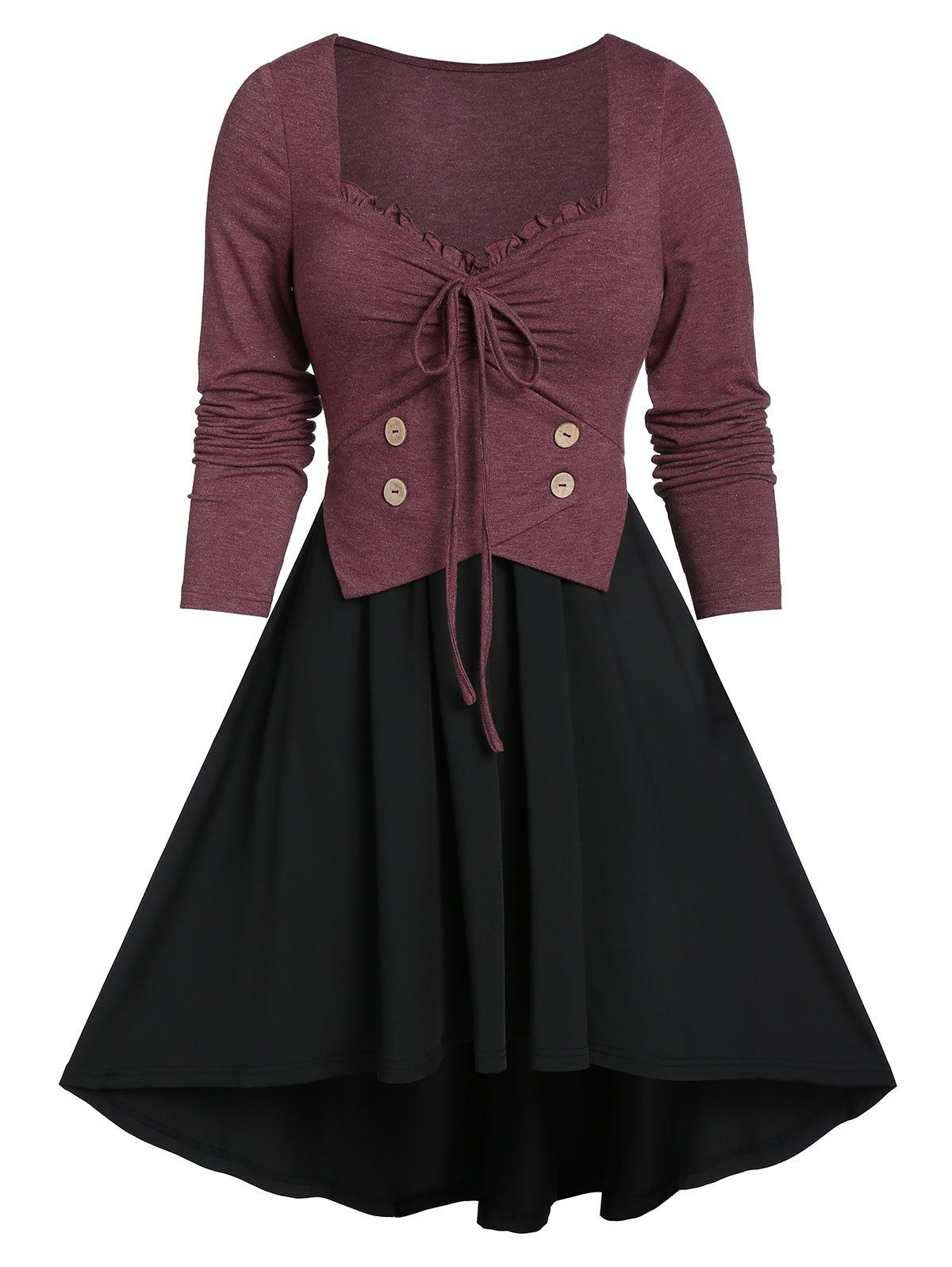 

Cinched Two Tone 2fer Knee Length Dress, Red wine