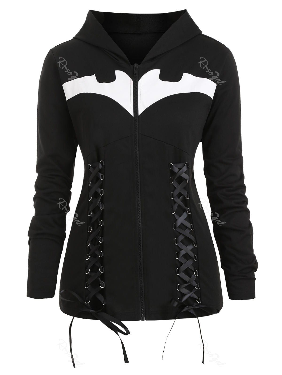 

Plus Size Lace-up Bat Print Halloween Jacket, Black