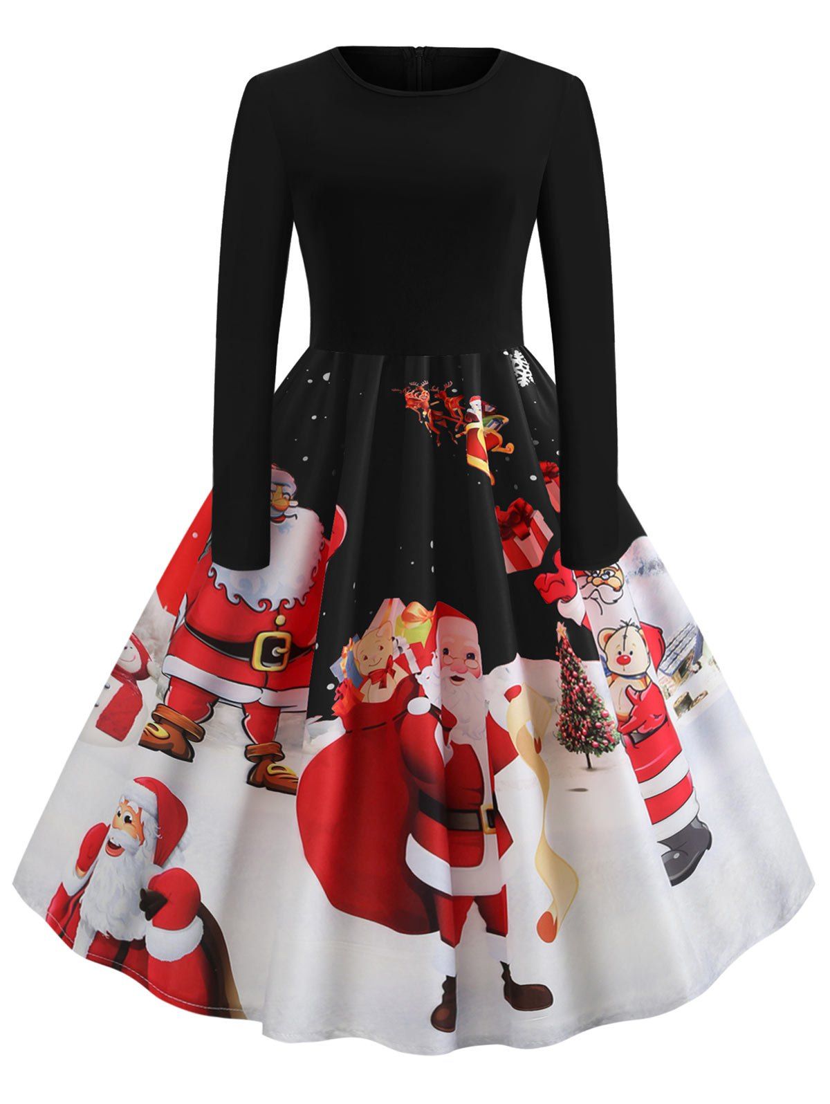 

Santa Claus Print Long Sleeve Christmas Dress, Black