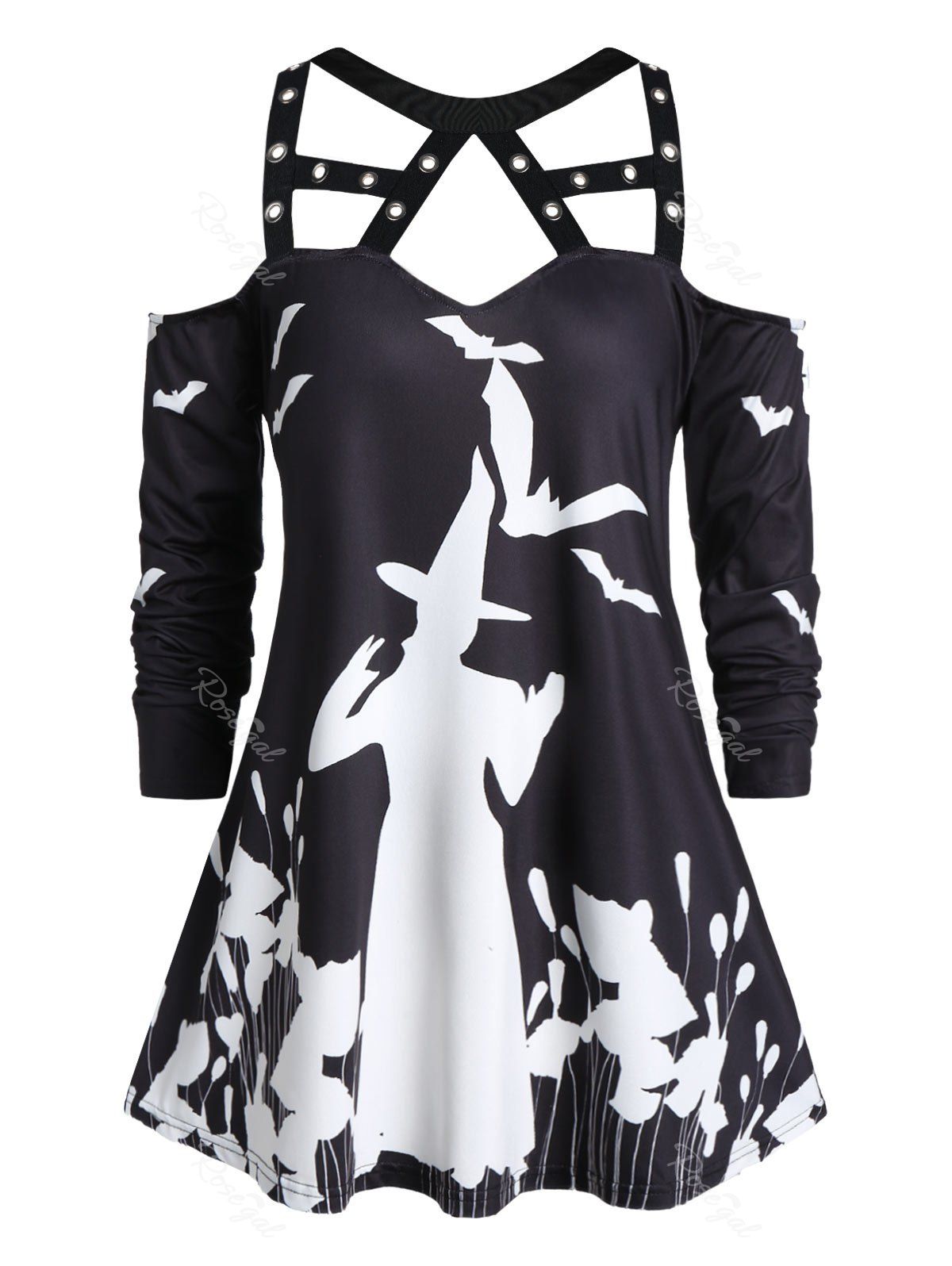 

Plus Size Open Shoulder Tunic Graphic T Shirt, Black