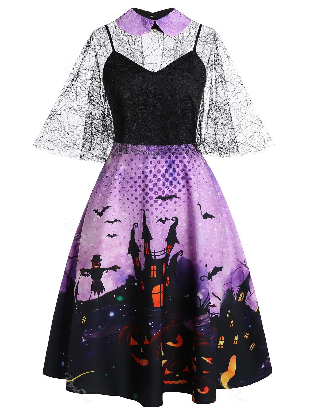 

Plus Size Halloween Castle Bat Print Spider Web Sheer Dress Set, Purple iris