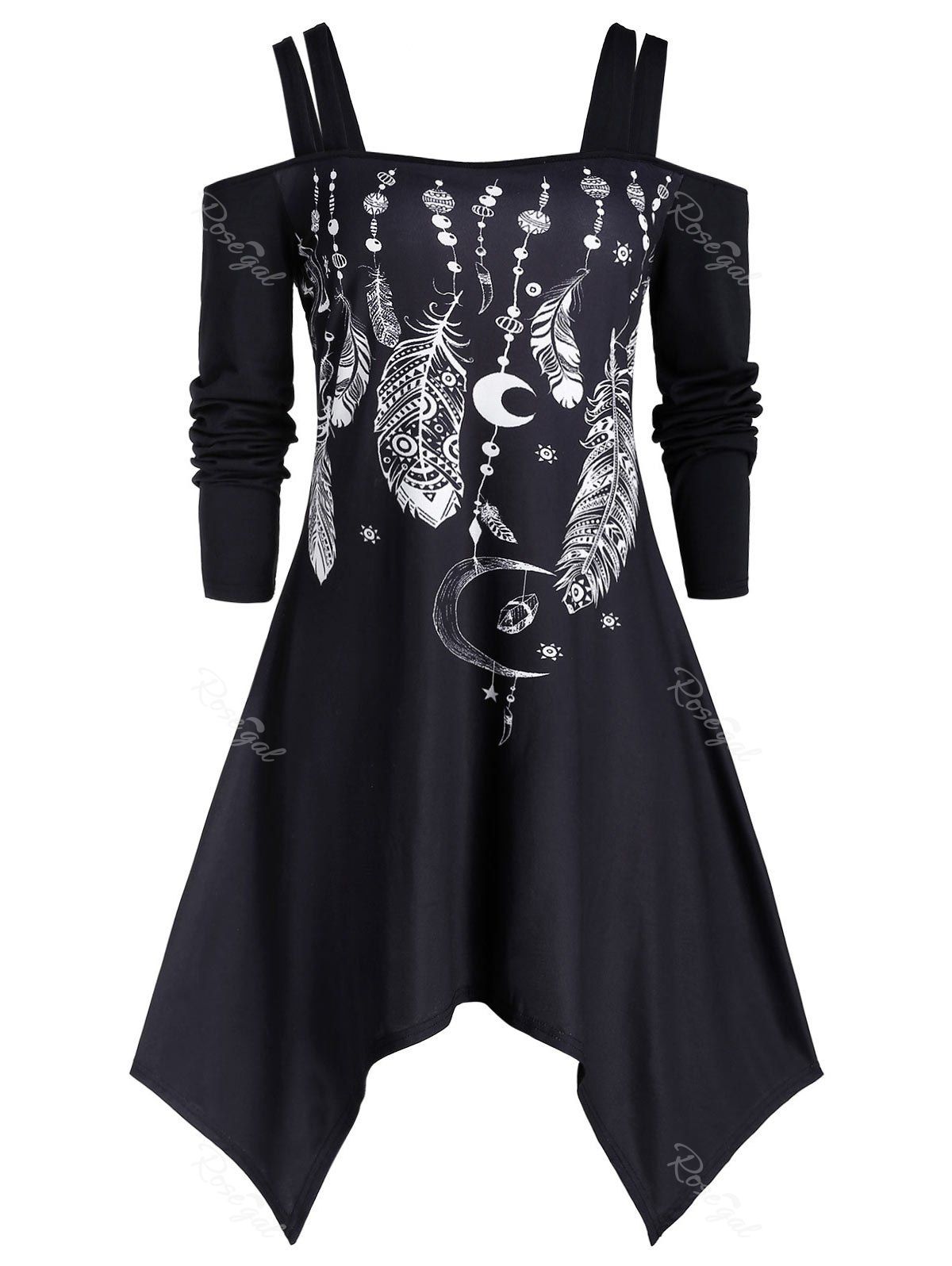 

Plus Size Handkerchief Open Shoulder Feather Print T Shirt, Black
