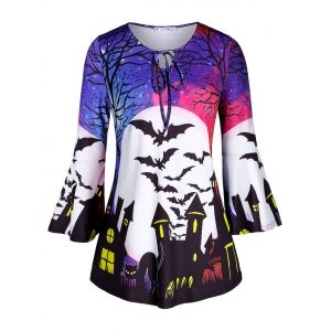 

Plus Size Printed Tie Tunic Halloween T Shirt, Multi