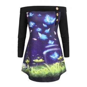 

Plus Size Butterfly Print Off The Shoulder Tunic T Shirt, Black