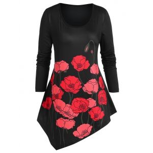 

Plus Size Tunic Rose Print Asymmetrical T Shirt, Black