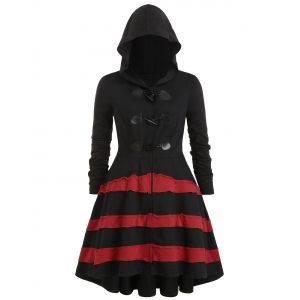 

Plus Size Hooded Contrast Flounce Duffle Coat, Black