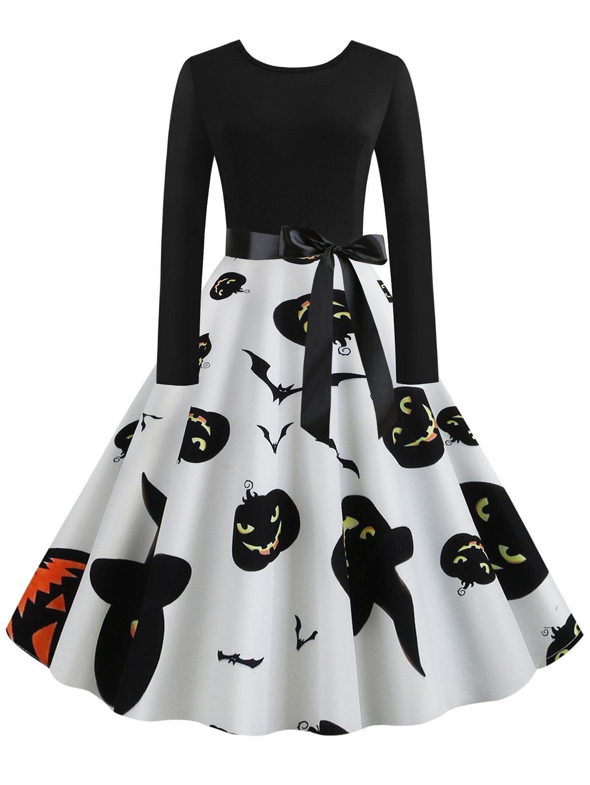 

Halloween Pumpkin Bat Ghost Print Long Sleeve Dress, White
