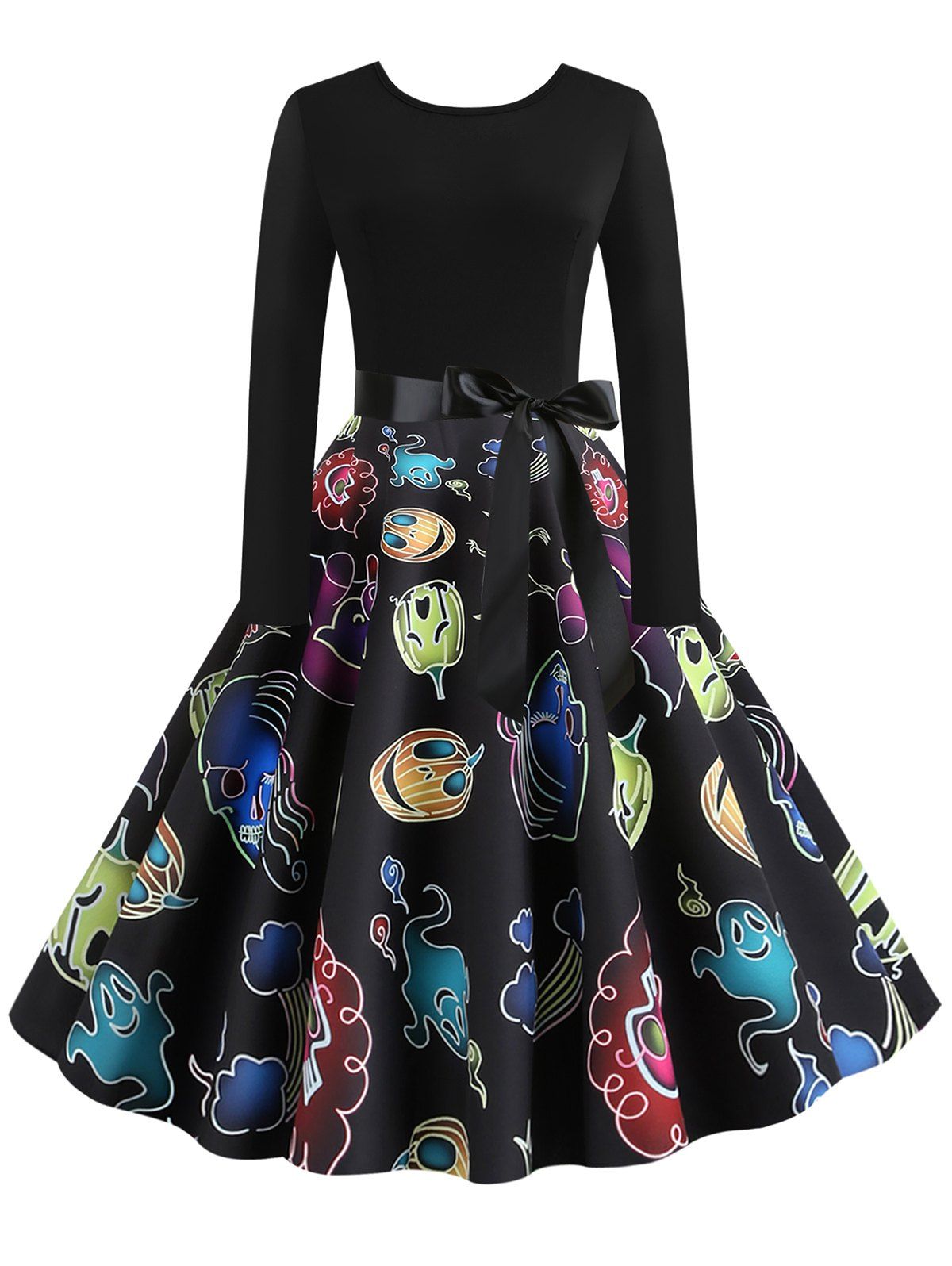 

Halloween Pumpkin Bat Ghost Print Long Sleeve Dress, Black