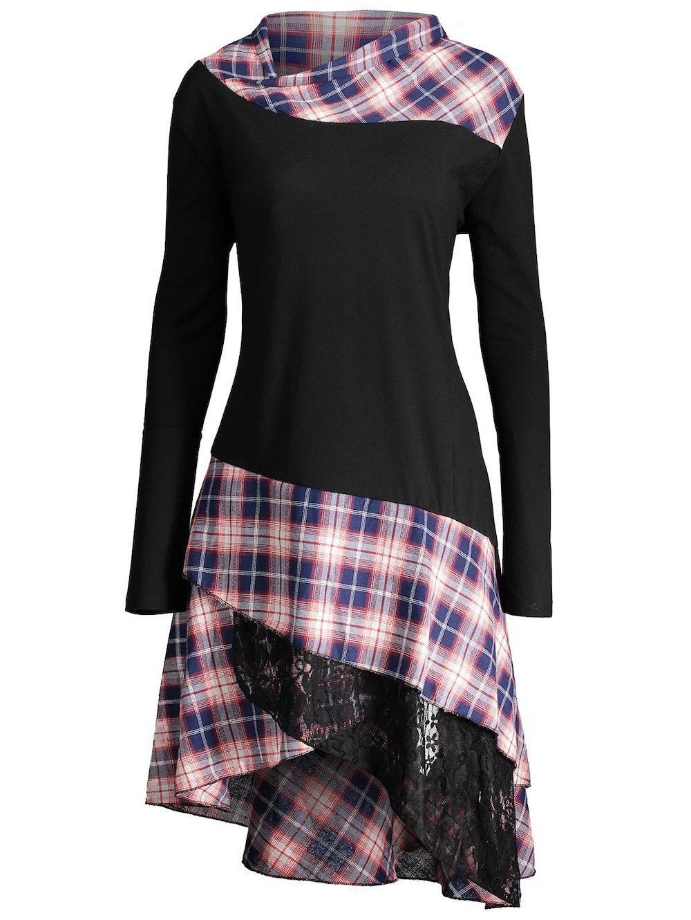 

Checked Panel Skew Neck Layered Longline Tee, Black