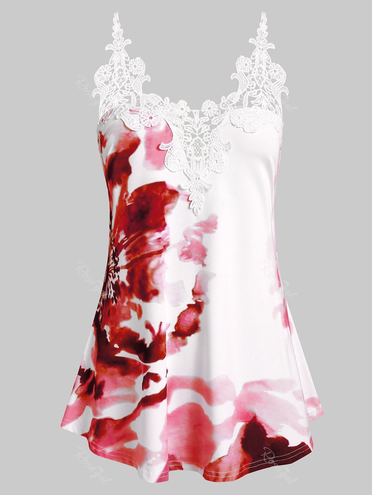 

Plus Size Tie Dye Lace Insert Spaghetti Strap Tank Top, Red wine